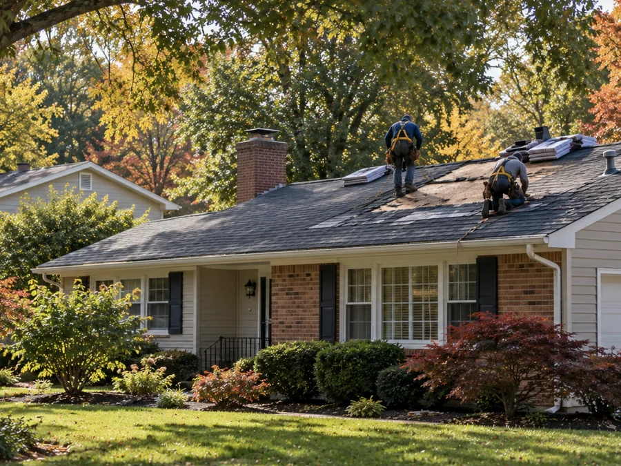 Roofers replacing a section of shingles on a ranch house among tall trees