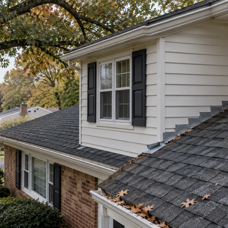 Lower roof of a split-level home meeting the wall of the upper level, with step flashing along the joint