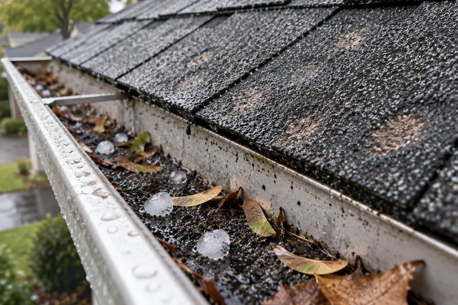 Shingle granules and maple seeds washed into a gutter below hail-bruised shingles
