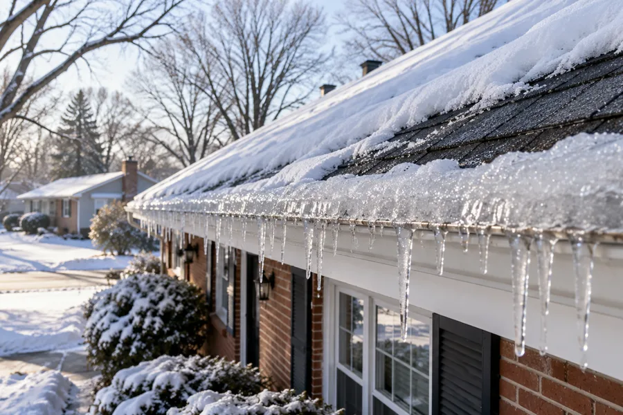 Ice ridge and icicles along the gutter of a ranch house after a snowfall
