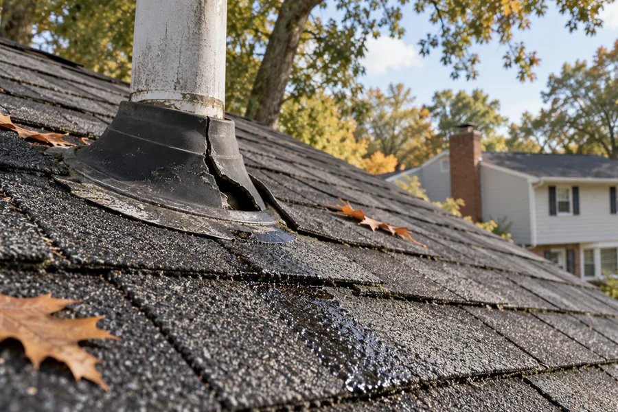 Cracked rubber pipe boot on a plumbing vent, with oak leaves on the shingles