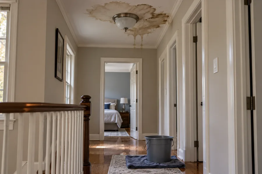Water stain on an upstairs ceiling around a light fixture, with a bucket on the floor