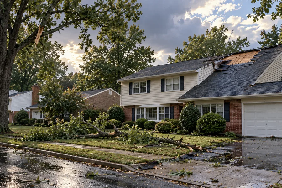 Split-level home with wind-torn shingles near the ridge and branches on the lawn