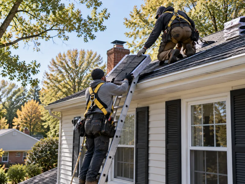 Roofer on a ladder handing a bundle of shingles up to the roof of a colonial house