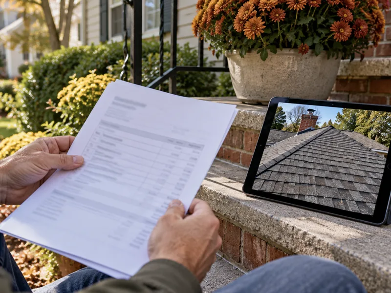 Homeowner reviewing an itemized estimate and roof photos on a front step
