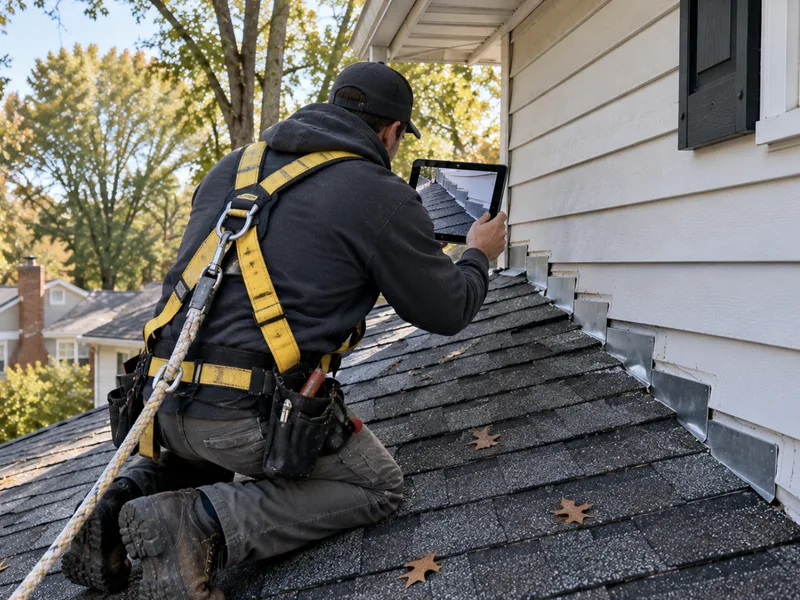 Roofer photographing the flashing where a lower roof meets the wall of a split-level home
